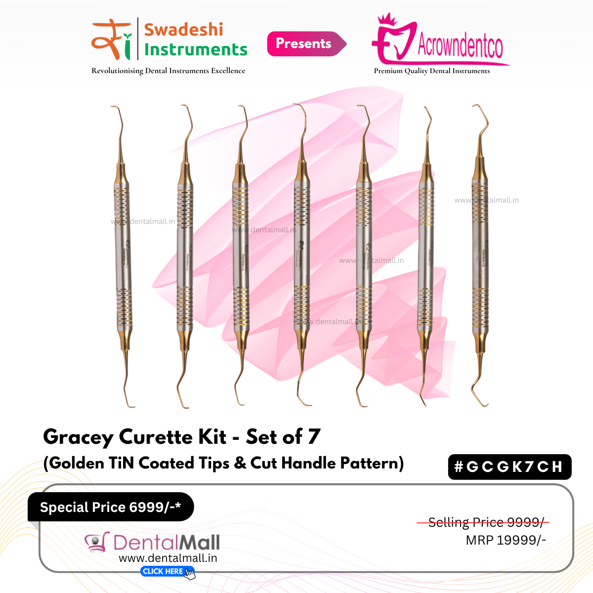 Gracey Curette Kit Set of 7 Gold TiN Coated Tips and Handle Cut Pattern #GCGK7CH