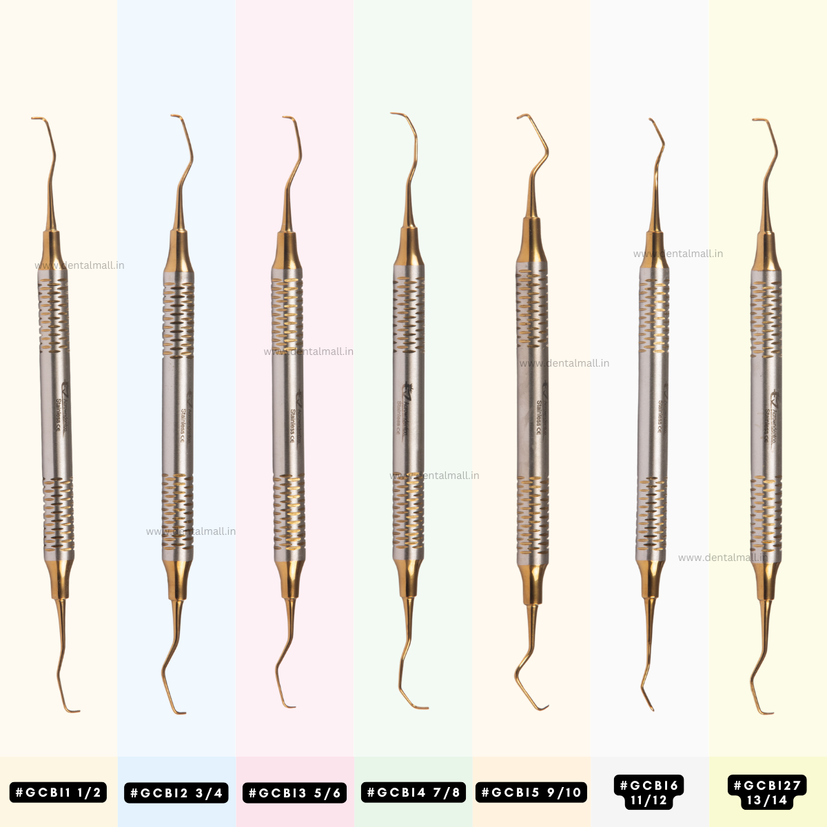 Gracey Curette Kit Set of 7 Gold TiN Coated Tips and Handle Cut Pattern #GCGK7CH