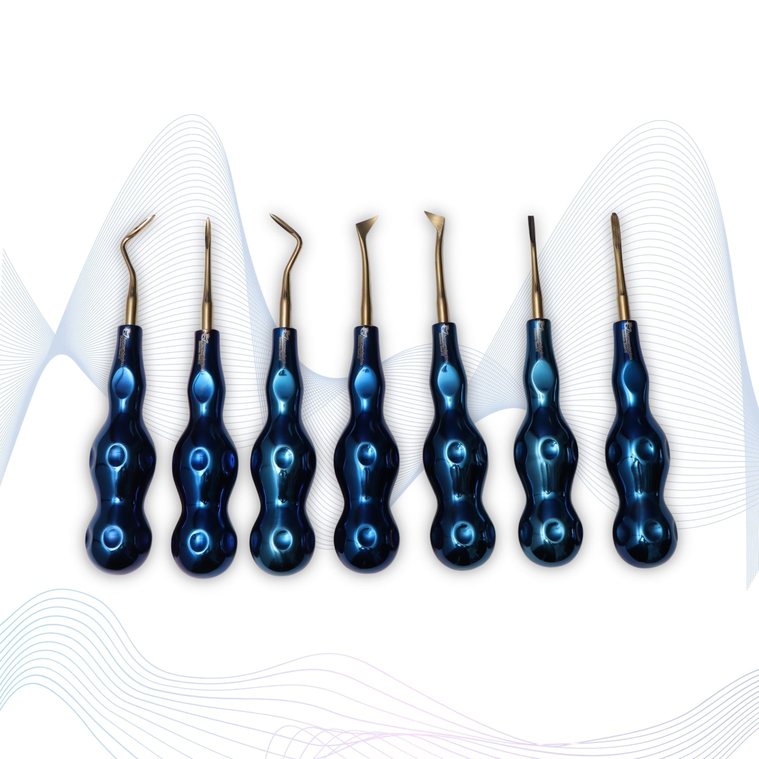 ROOT ELEVATORS PREMIUM ANATOMICAL HANDLE  SET OF 7 Pcs. #REPAHK7B2 Anatomic BLUE DLC Handle | Gold TiN Coated Tip | CNC Non-Breakable Design Joint