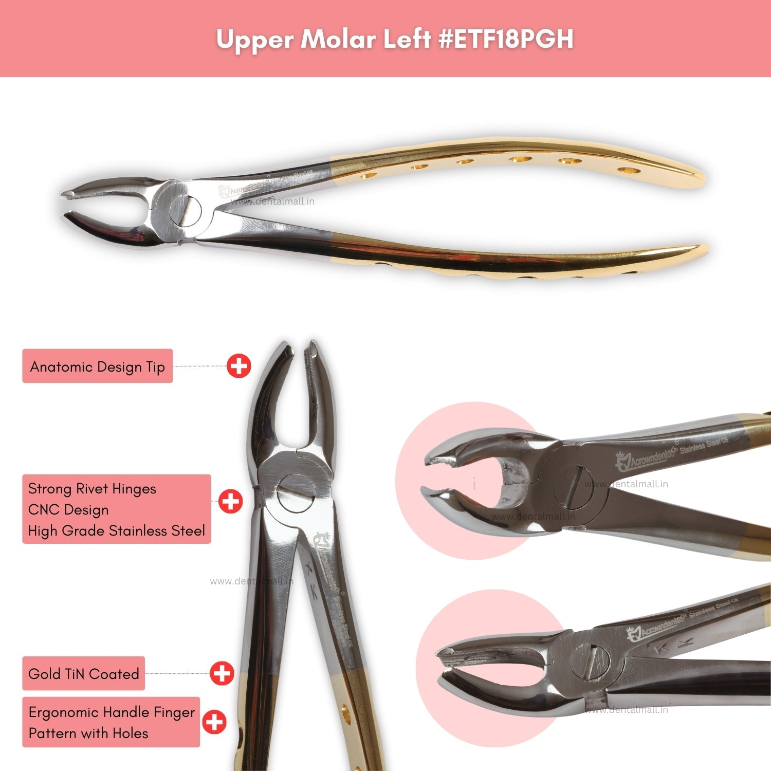 Extraction Tooth Forceps Kit – Premium Quality Finger Pattern with Holes Handle, Gold TiN Coated (Set of 12 Pcs) #ETFK12PGH