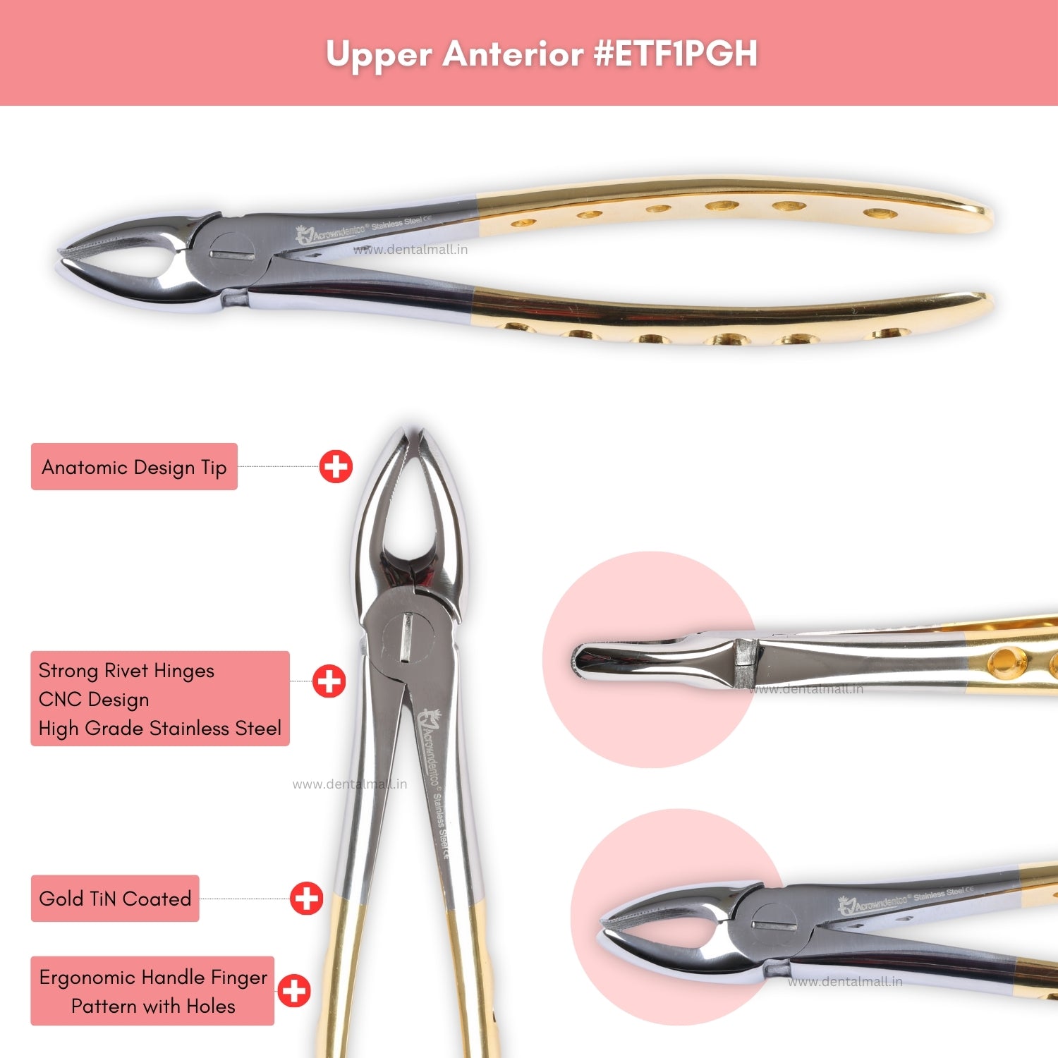 Extraction Tooth Forceps Kit – Premium Quality Finger Pattern with Holes Handle, Gold TiN Coated (Set of 12 Pcs) #ETFK12PGH