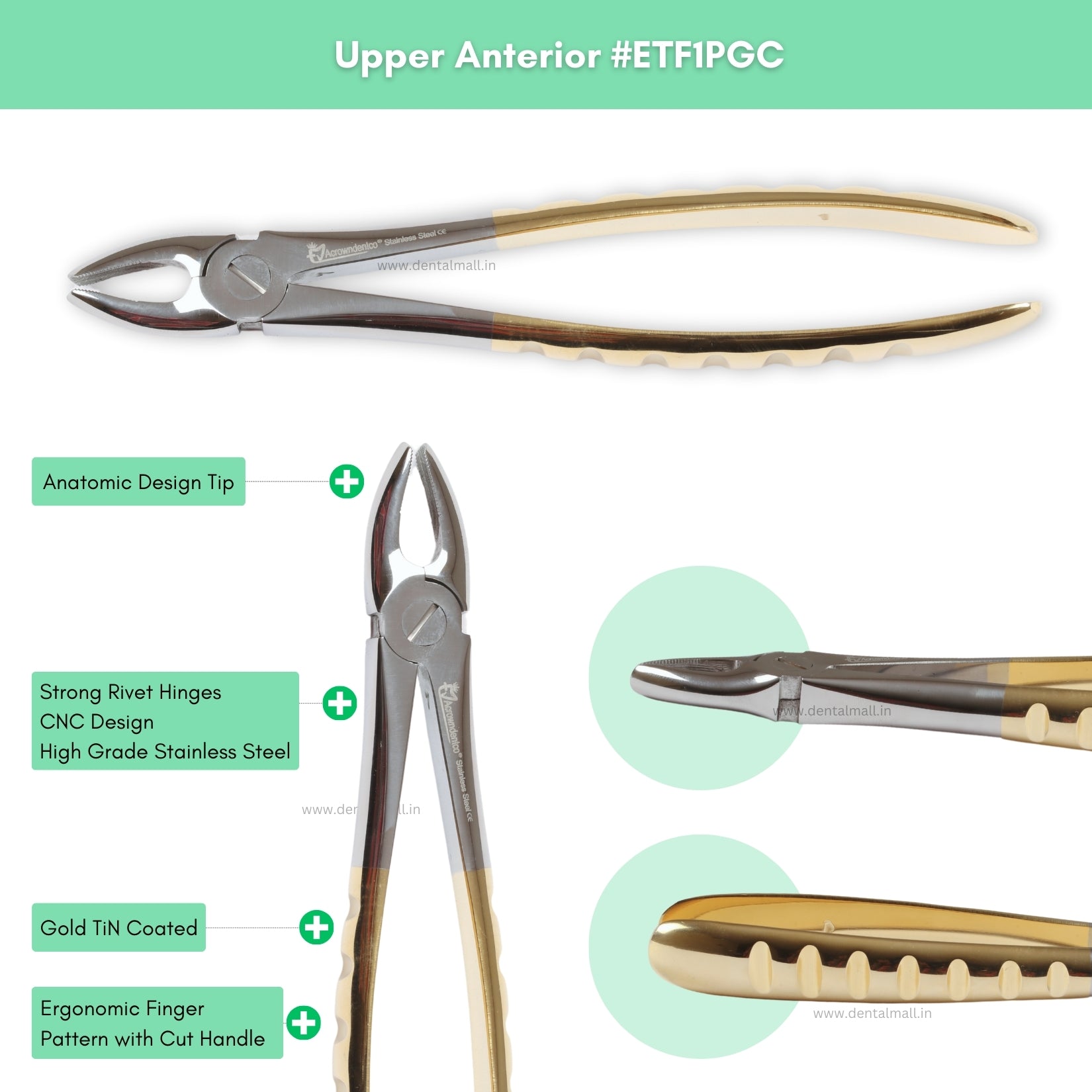 Extraction Tooth Forceps Kit – Premium Quality Finger Pattern with Cut Handle, Gold TiN Coated (Set of 12 Pcs) #ETFK12PGC
