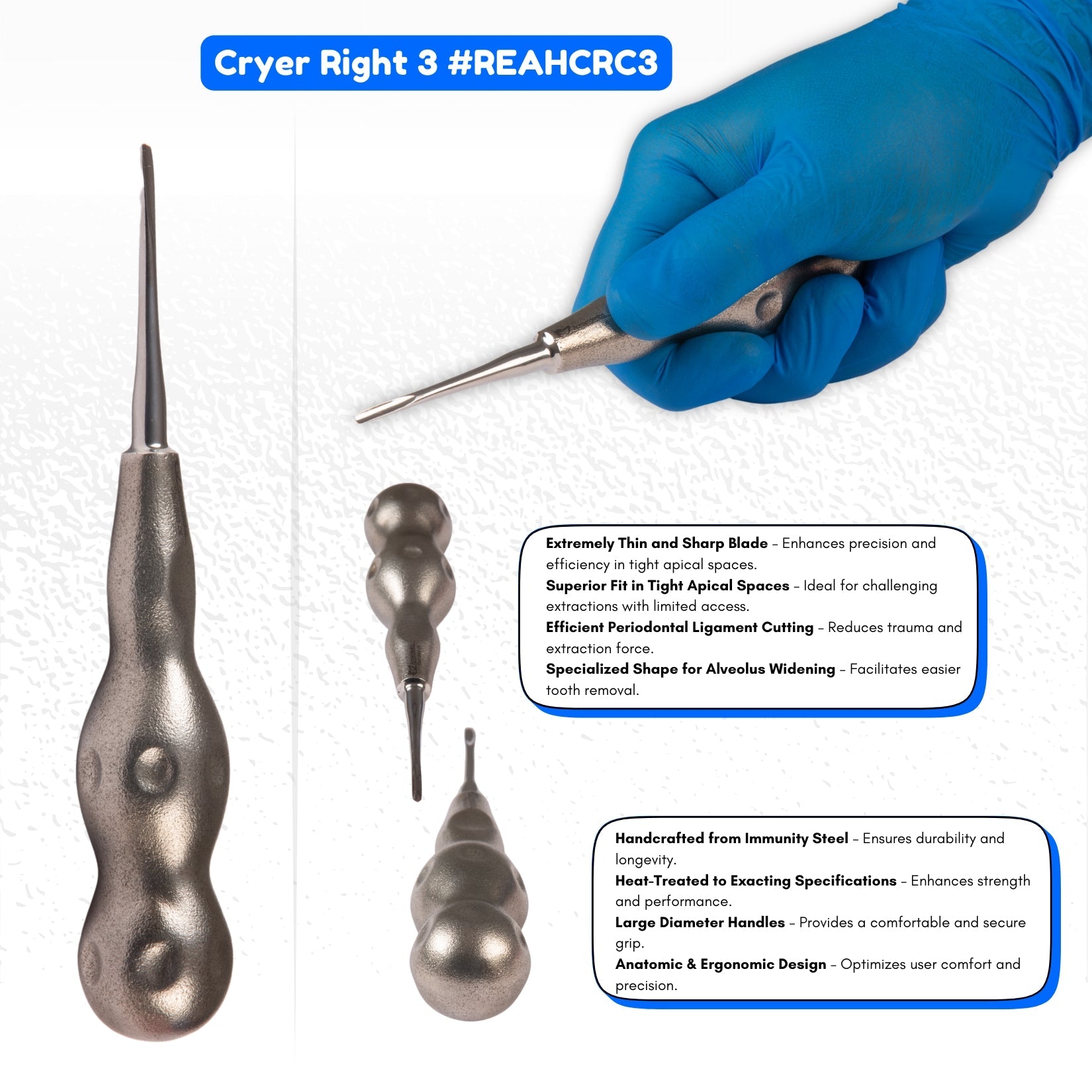 Root Elevator Cryer Set of 3 Pcs – Premium Anatomic Handle Pattern #RECRK3PAH