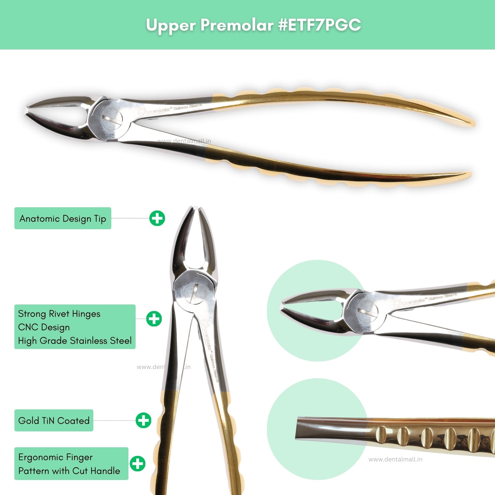 Extraction Tooth Forceps Kit – Premium Quality Finger Pattern with Cut Handle, Gold TiN Coated (Set of 12 Pcs) #ETFK12PGC