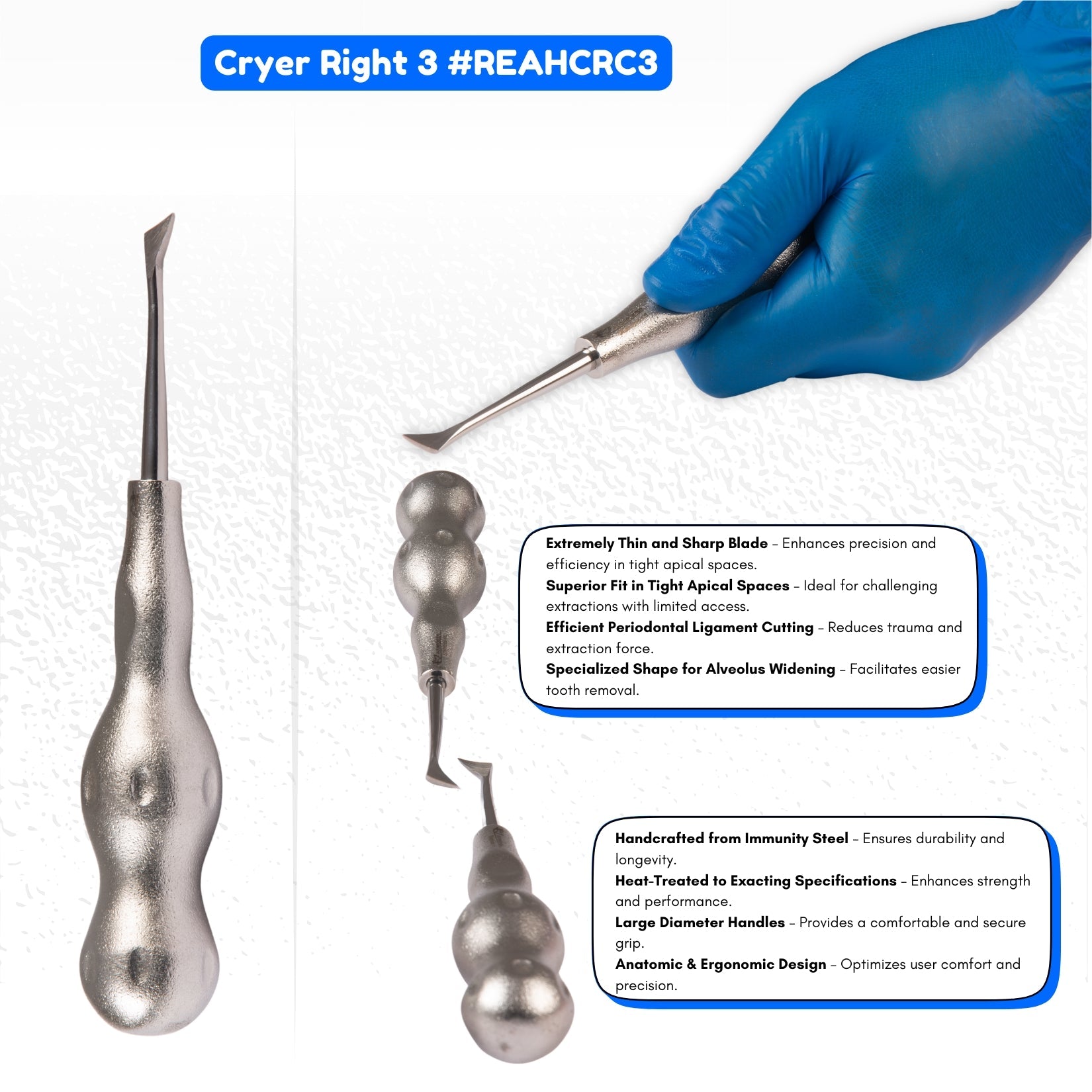 Root Elevator Cryer Set of 3 Pcs – Premium Anatomic Handle Pattern #RECRK3PAH