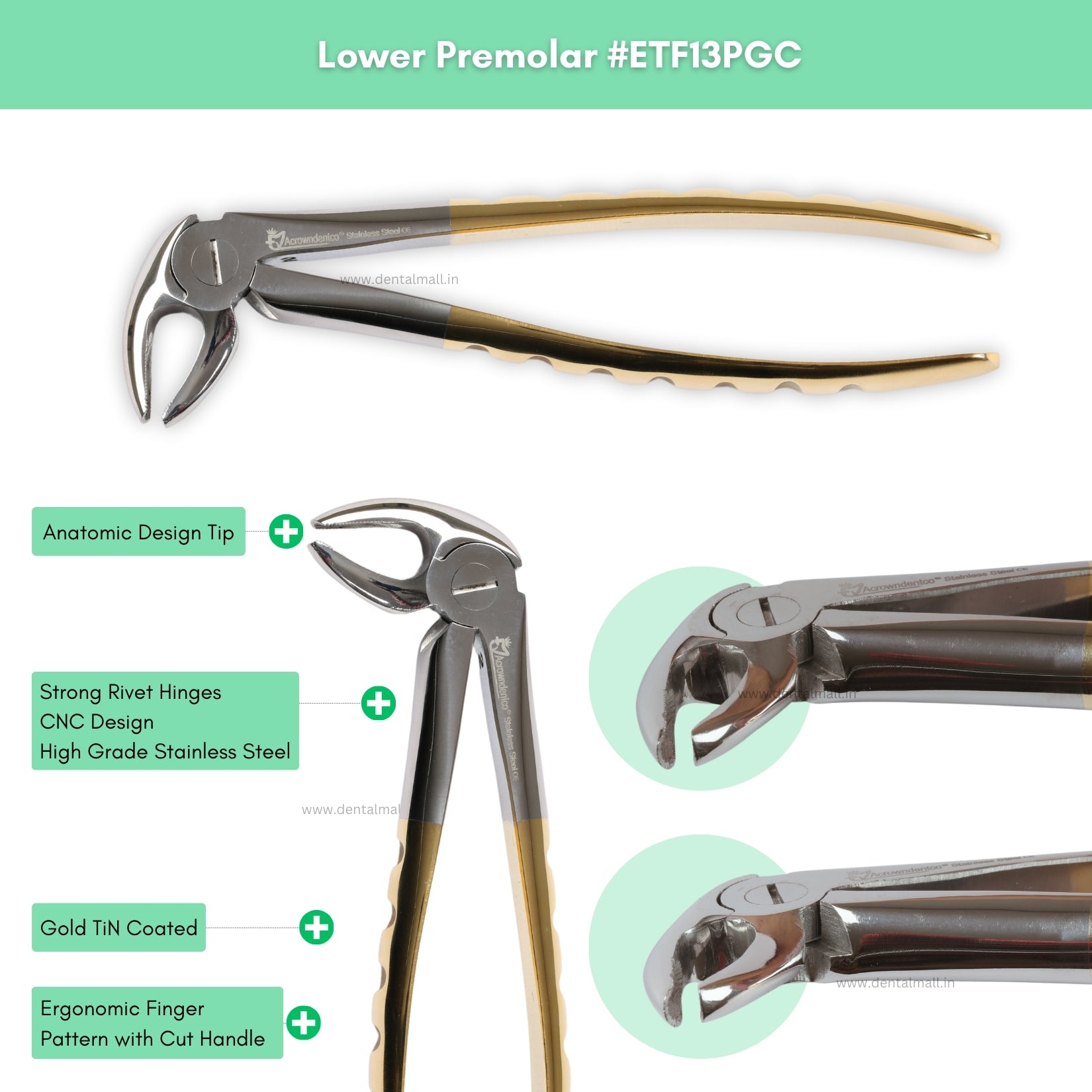 Extraction Tooth Forceps Kit – Premium Quality Finger Pattern with Cut Handle, Gold TiN Coated (Set of 12 Pcs) #ETFK12PGC