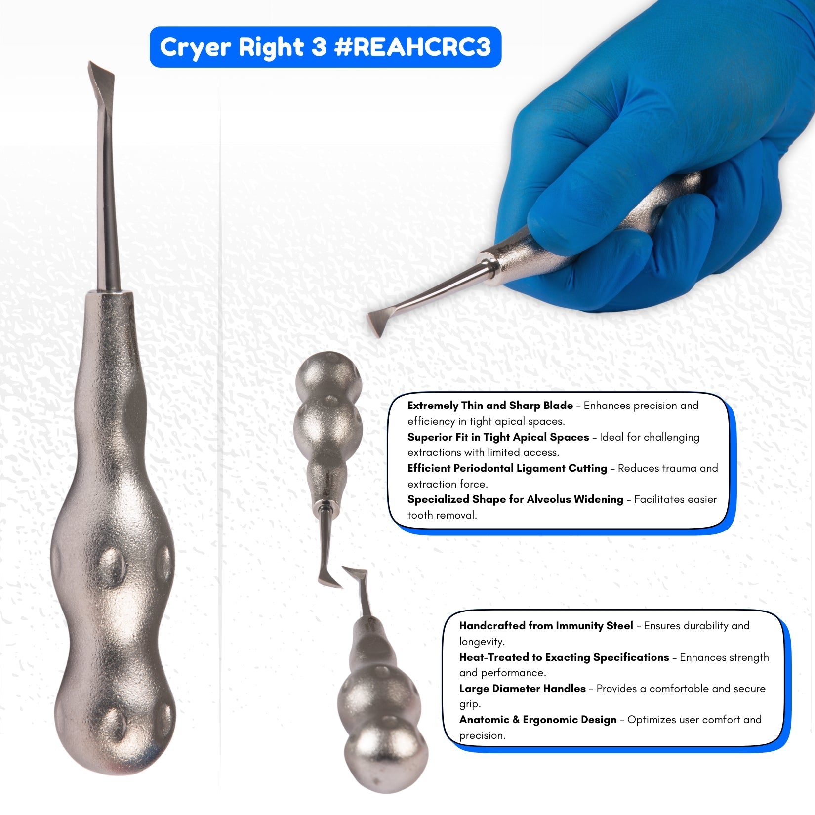 Root Elevator Cryer Set of 3 Pcs – Premium Anatomic Handle Pattern #RECRK3PAH