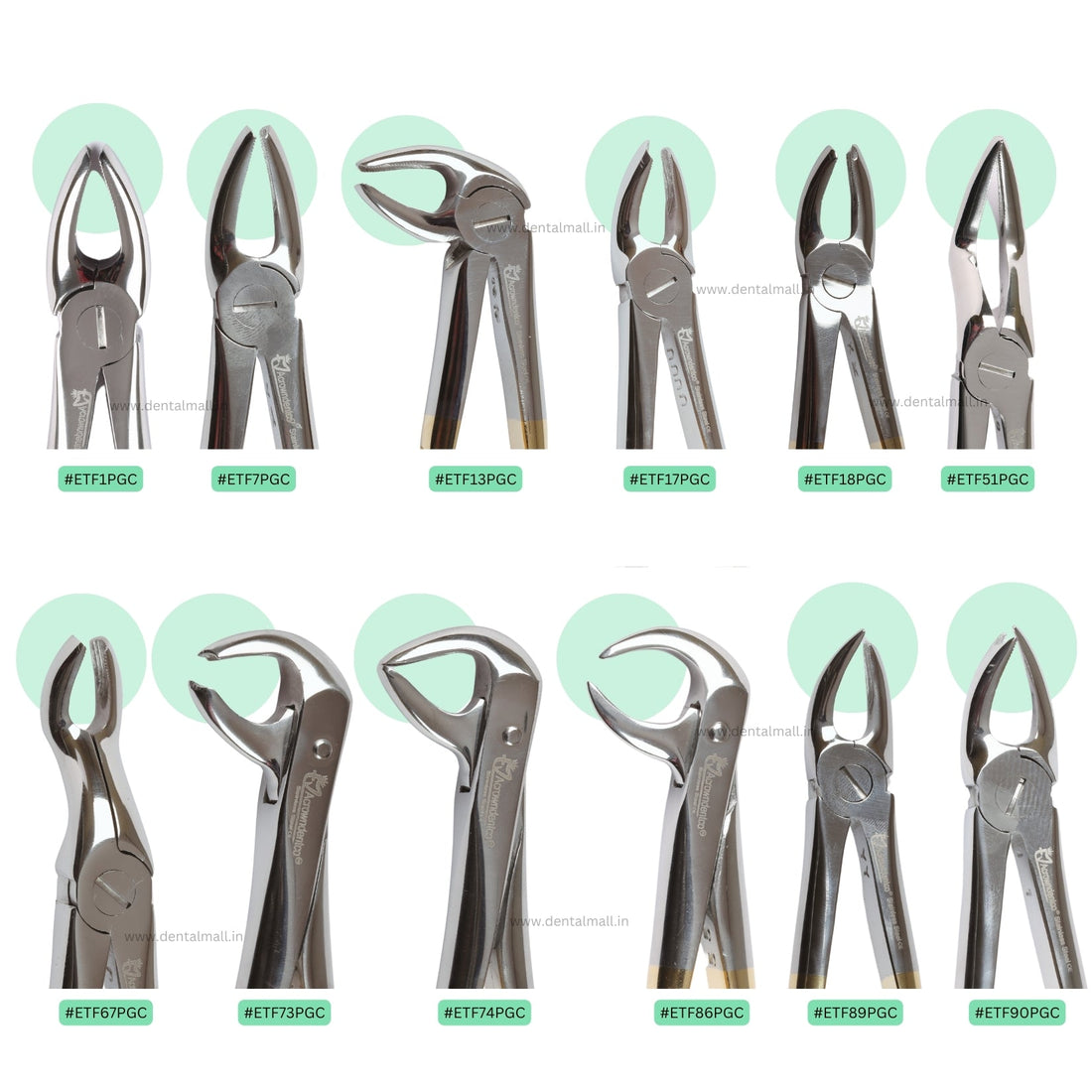 Extraction Tooth Forceps Kit – Premium Quality Finger Pattern with Cut Handle, Gold TiN Coated (Set of 12 Pcs) #ETFK12PGC