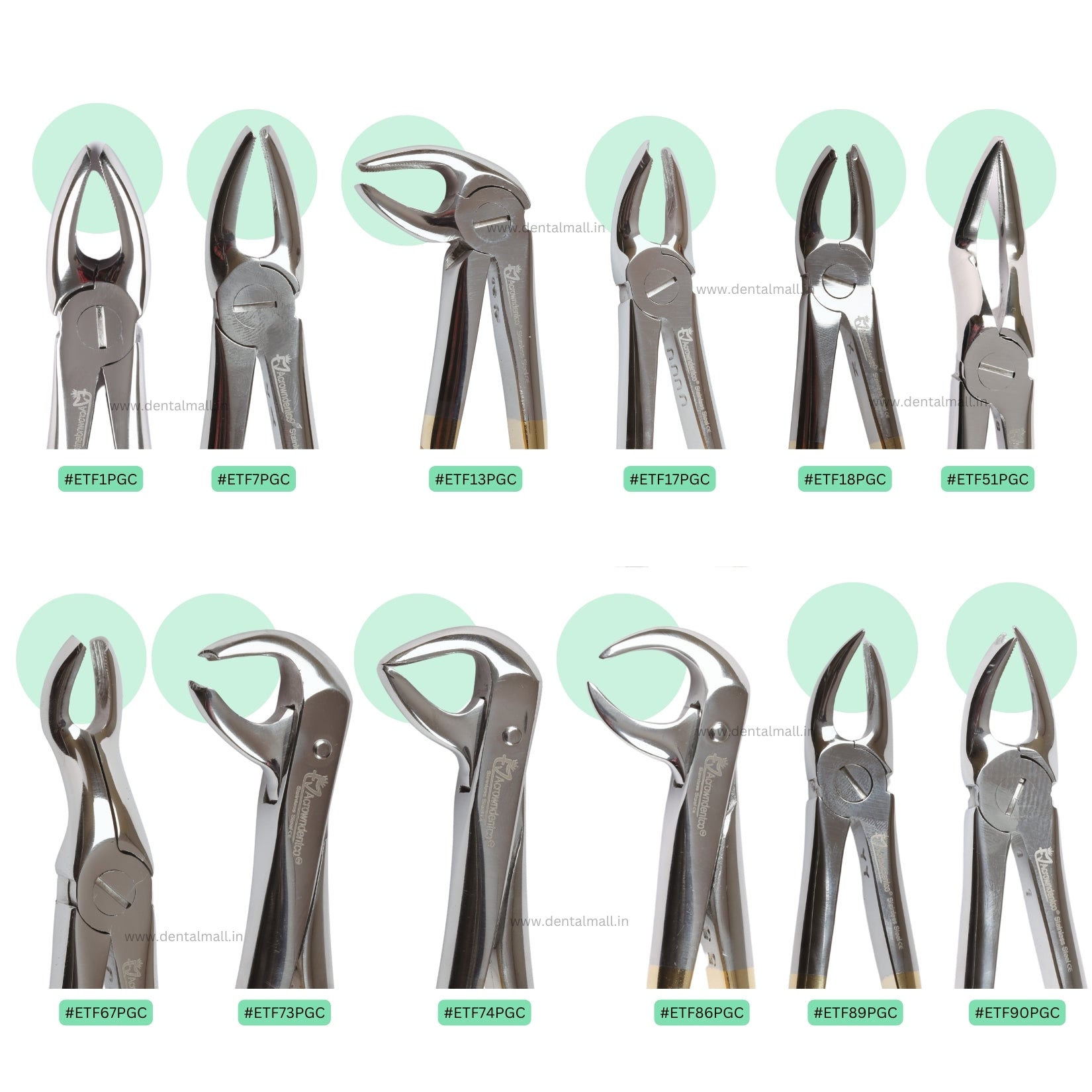 Extraction Tooth Forceps Kit – Premium Quality Finger Pattern with Cut Handle, Gold TiN Coated (Set of 12 Pcs) #ETFK12PGC