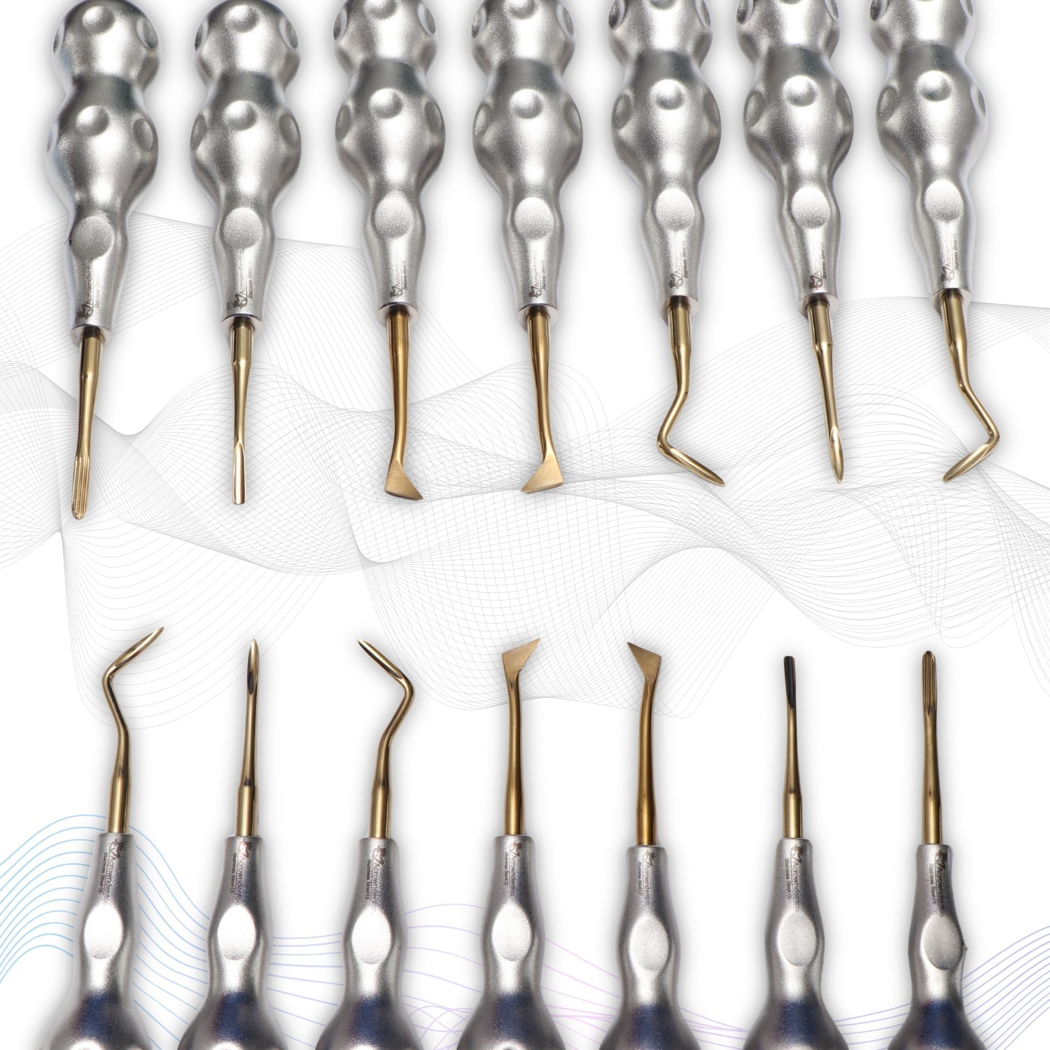 ROOT ELEVATORS PREMIUM ANATOMICAL HANDLE  SET OF 7 Pcs Anatomic SILVER DLC Handle | Gold TiN Coated Tip | CNC Non-Breakable Design Joint