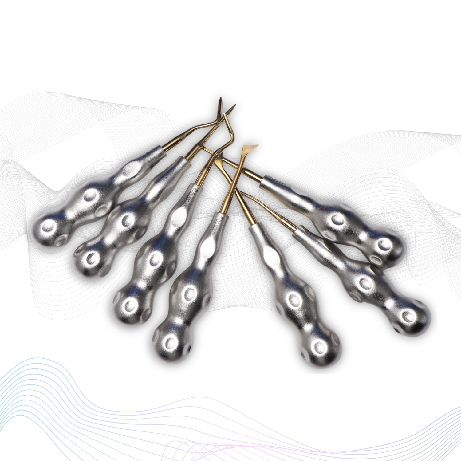 ROOT ELEVATORS PREMIUM ANATOMICAL HANDLE  SET OF 7 Pcs Anatomic SILVER DLC Handle | Gold TiN Coated Tip | CNC Non-Breakable Design Joint