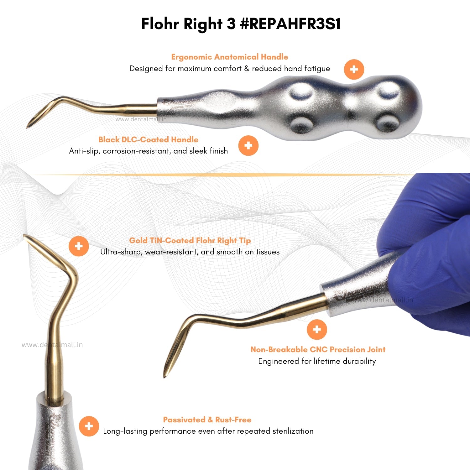 ROOT ELEVATORS PREMIUM ANATOMICAL HANDLE  SET OF 7 Pcs Anatomic SILVER DLC Handle | Gold TiN Coated Tip | CNC Non-Breakable Design Joint