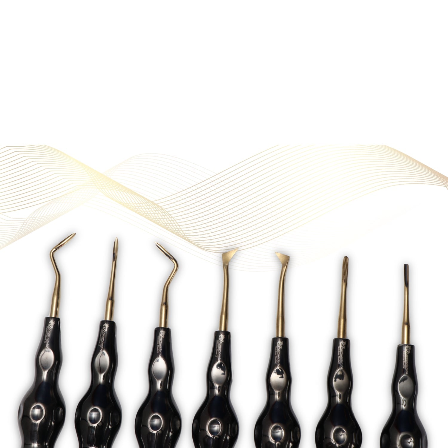 ROOT ELEVATORS PREMIUM ANATOMICAL HANDLE  SET OF 7 Pcs. #REPAHK7B3 Anatomic BLACK DLC Handle | Gold TiN Coated Tip | CNC Non-Breakable Design Joint