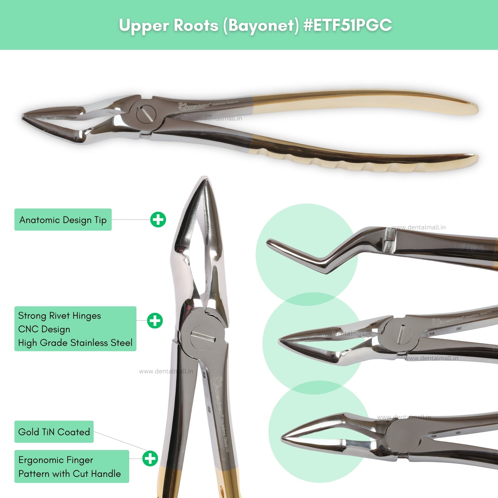 Extraction Tooth Forceps Kit – Premium Quality Finger Pattern with Cut Handle, Gold TiN Coated (Set of 12 Pcs) #ETFK12PGC