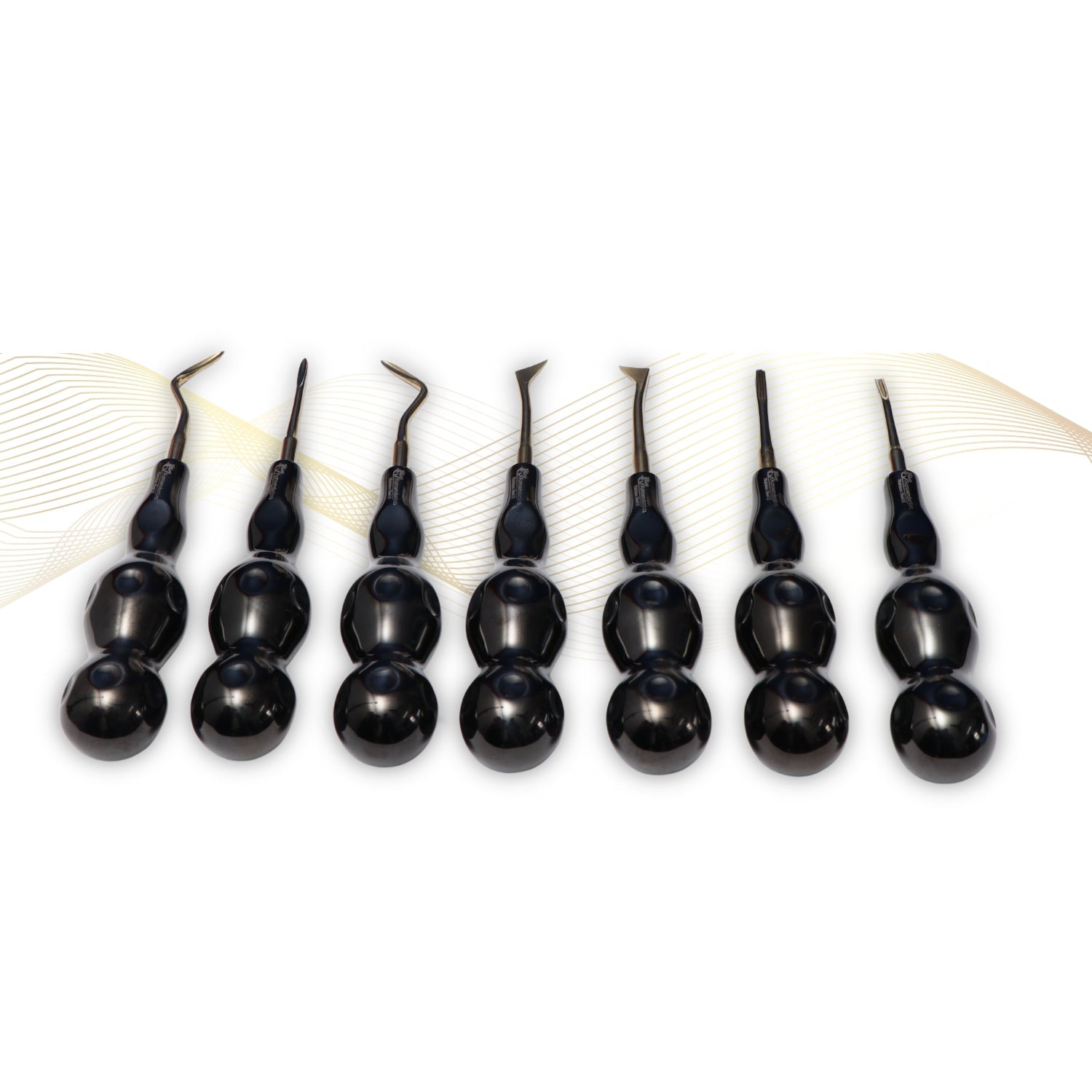 ROOT ELEVATORS PREMIUM ANATOMICAL HANDLE  SET OF 7 Pcs. #REPAHK7B3 Anatomic BLACK DLC Handle | Gold TiN Coated Tip | CNC Non-Breakable Design Joint