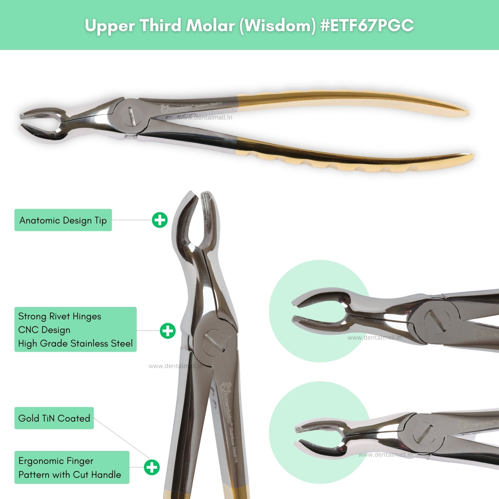 Extraction Tooth Forceps Kit – Premium Quality Finger Pattern with Cut Handle, Gold TiN Coated (Set of 12 Pcs) #ETFK12PGC