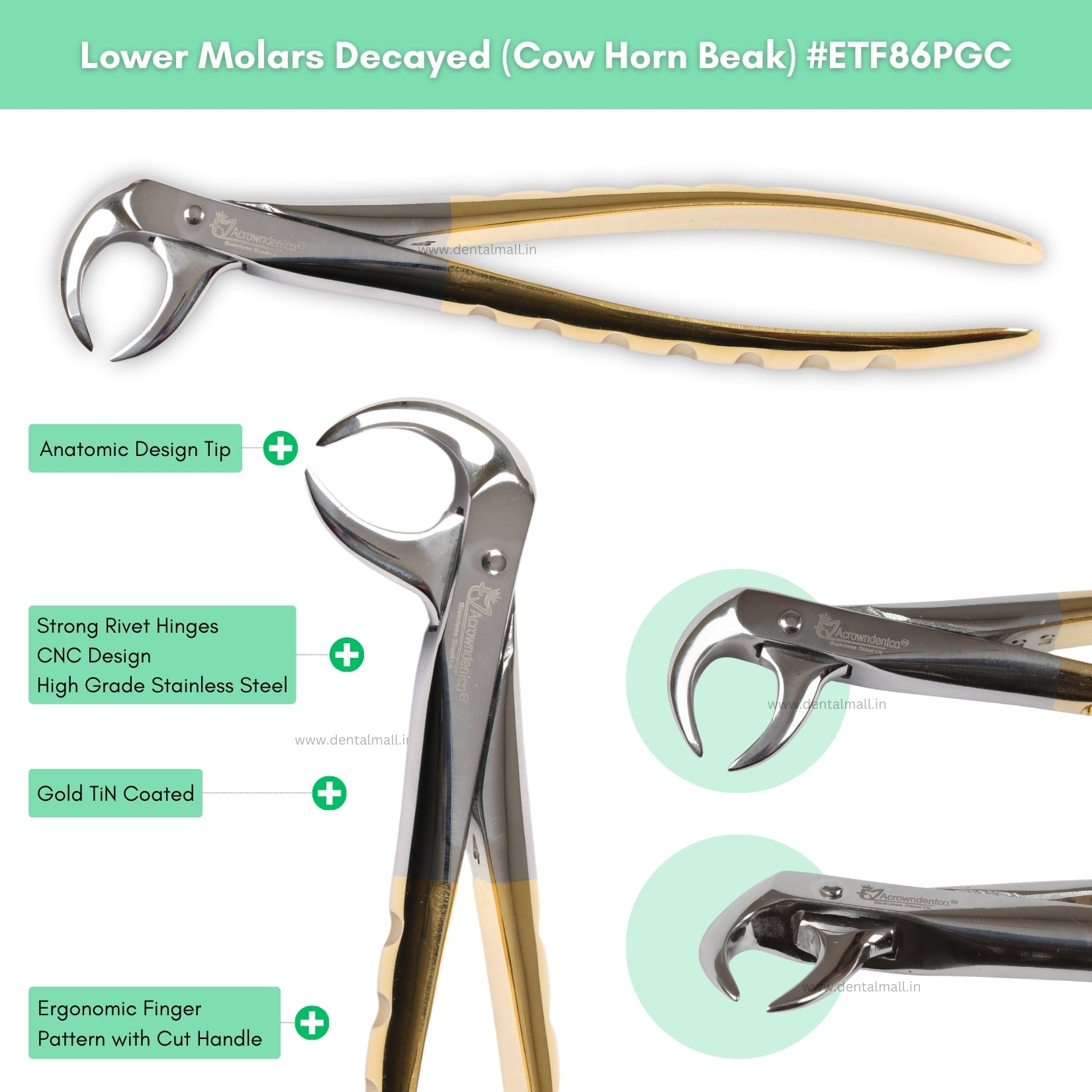 Extraction Tooth Forceps Kit – Premium Quality Finger Pattern with Cut Handle, Gold TiN Coated (Set of 12 Pcs) #ETFK12PGC