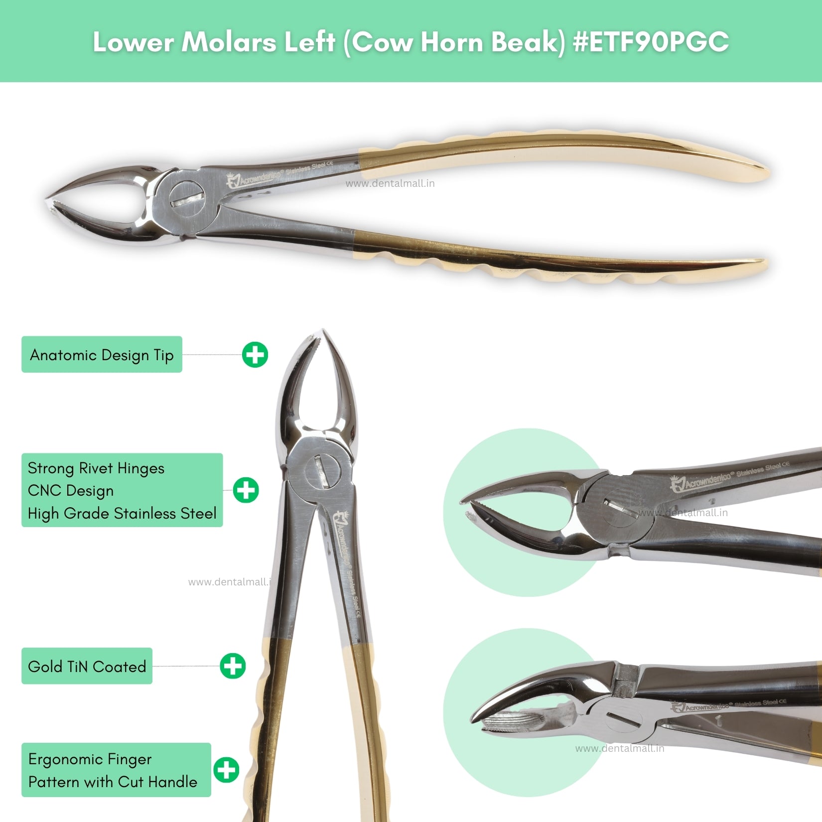 Extraction Tooth Forceps Kit – Premium Quality Finger Pattern with Cut Handle, Gold TiN Coated (Set of 12 Pcs) #ETFK12PGC