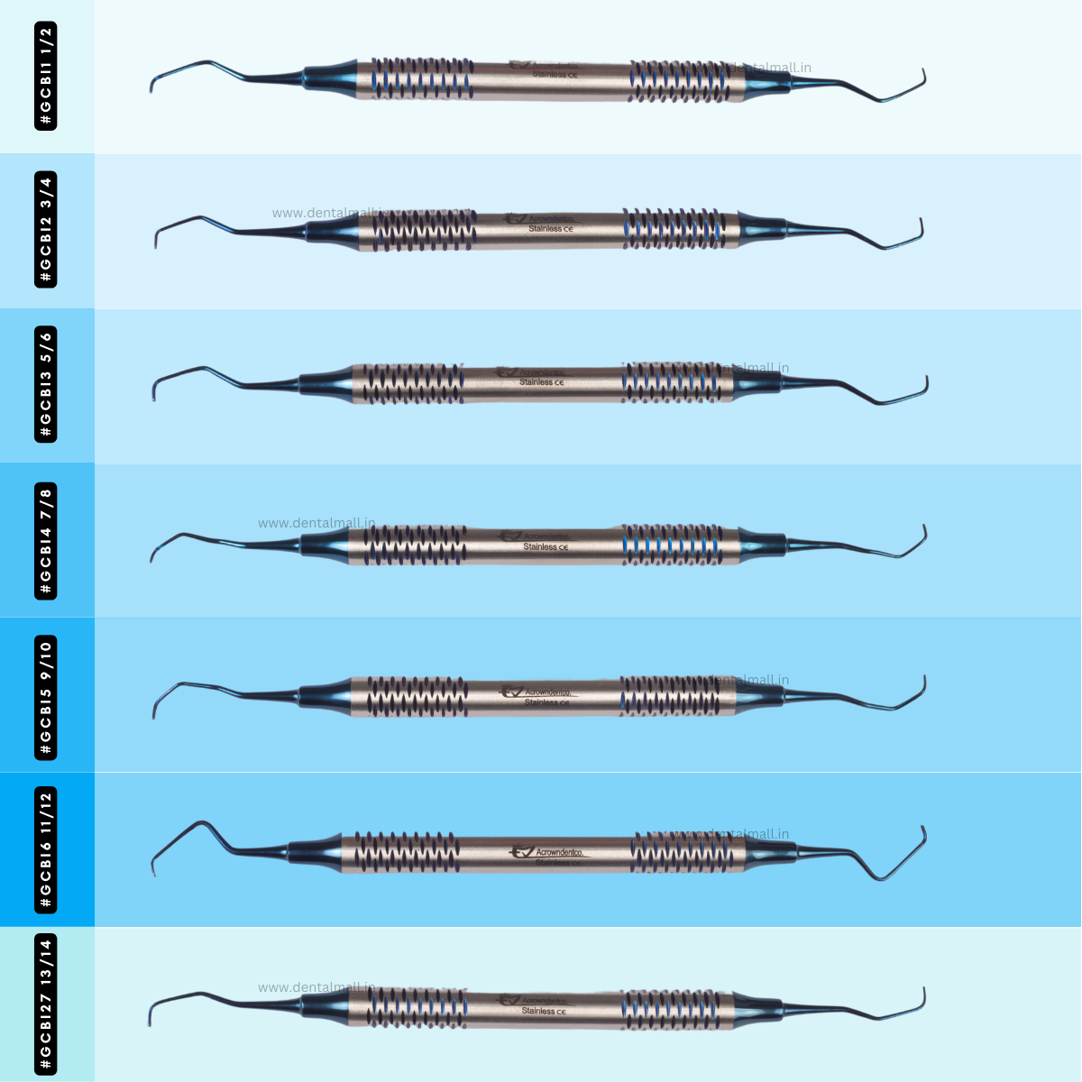 Gracey Curette Kit - Set of 7 (Blue TiN Coated Tips & Cut Handle Pattern) #GCBK7CH