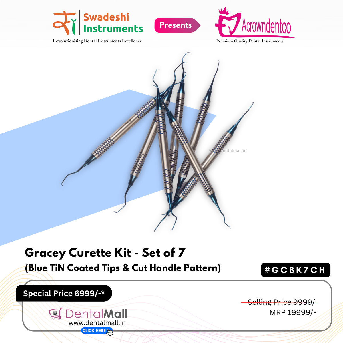 Gracey Curette Kit - Set of 7 (Blue TiN Coated Tips & Cut Handle Pattern) #GCBK7CH