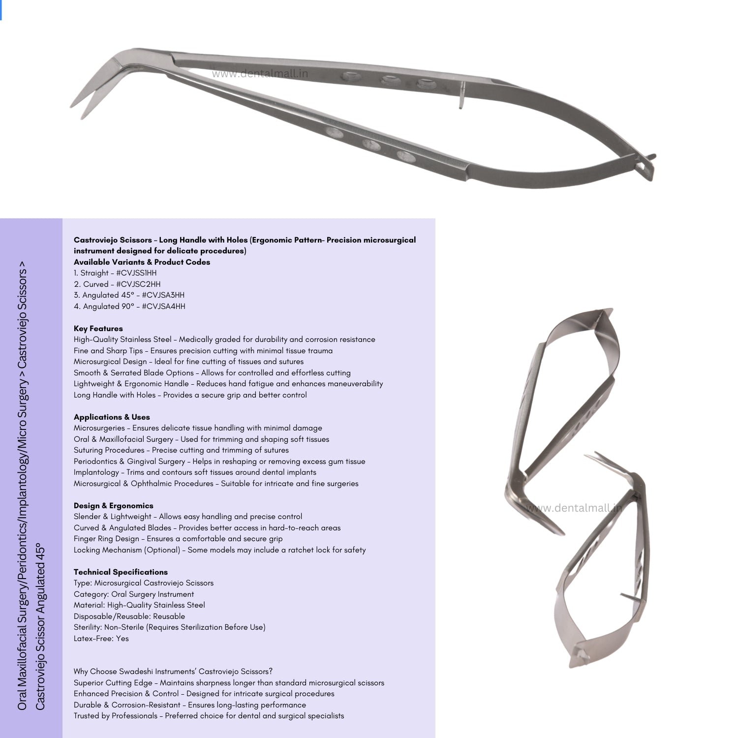 Castroviejo Scissors – Long Handle with Holes (Ergonomic Pattern)