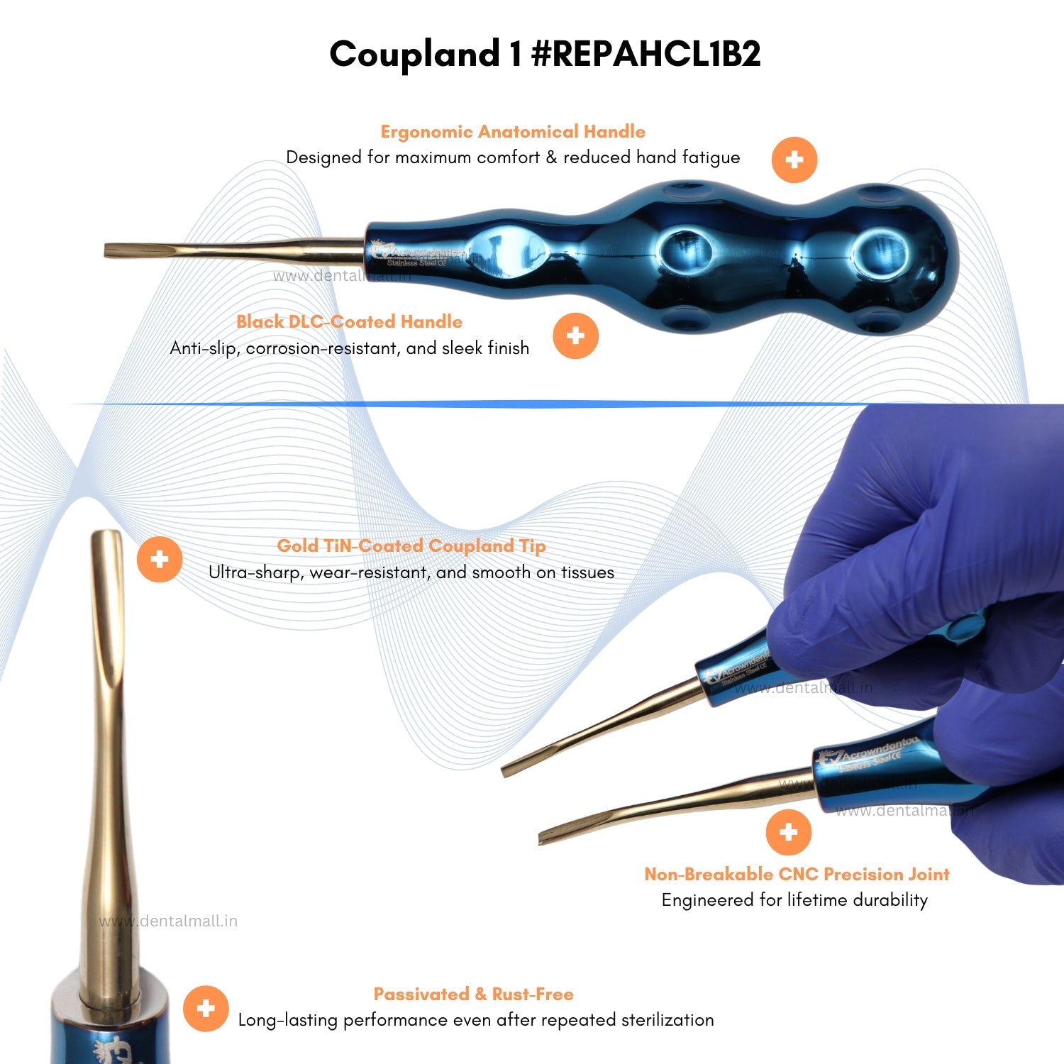 ROOT ELEVATORS PREMIUM ANATOMICAL HANDLE  SET OF 7 Pcs. #REPAHK7B2 Anatomic BLUE DLC Handle | Gold TiN Coated Tip | CNC Non-Breakable Design Joint