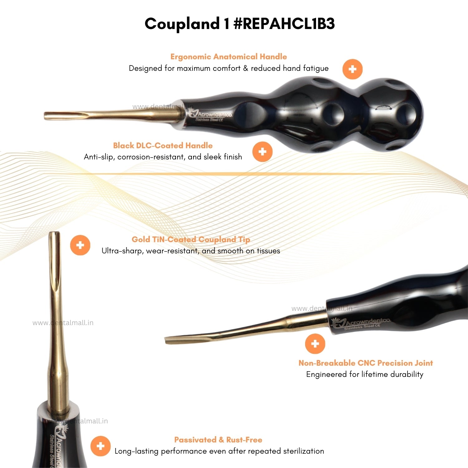 ROOT ELEVATORS PREMIUM ANATOMICAL HANDLE  SET OF 7 Pcs. #REPAHK7B3 Anatomic BLACK DLC Handle | Gold TiN Coated Tip | CNC Non-Breakable Design Joint