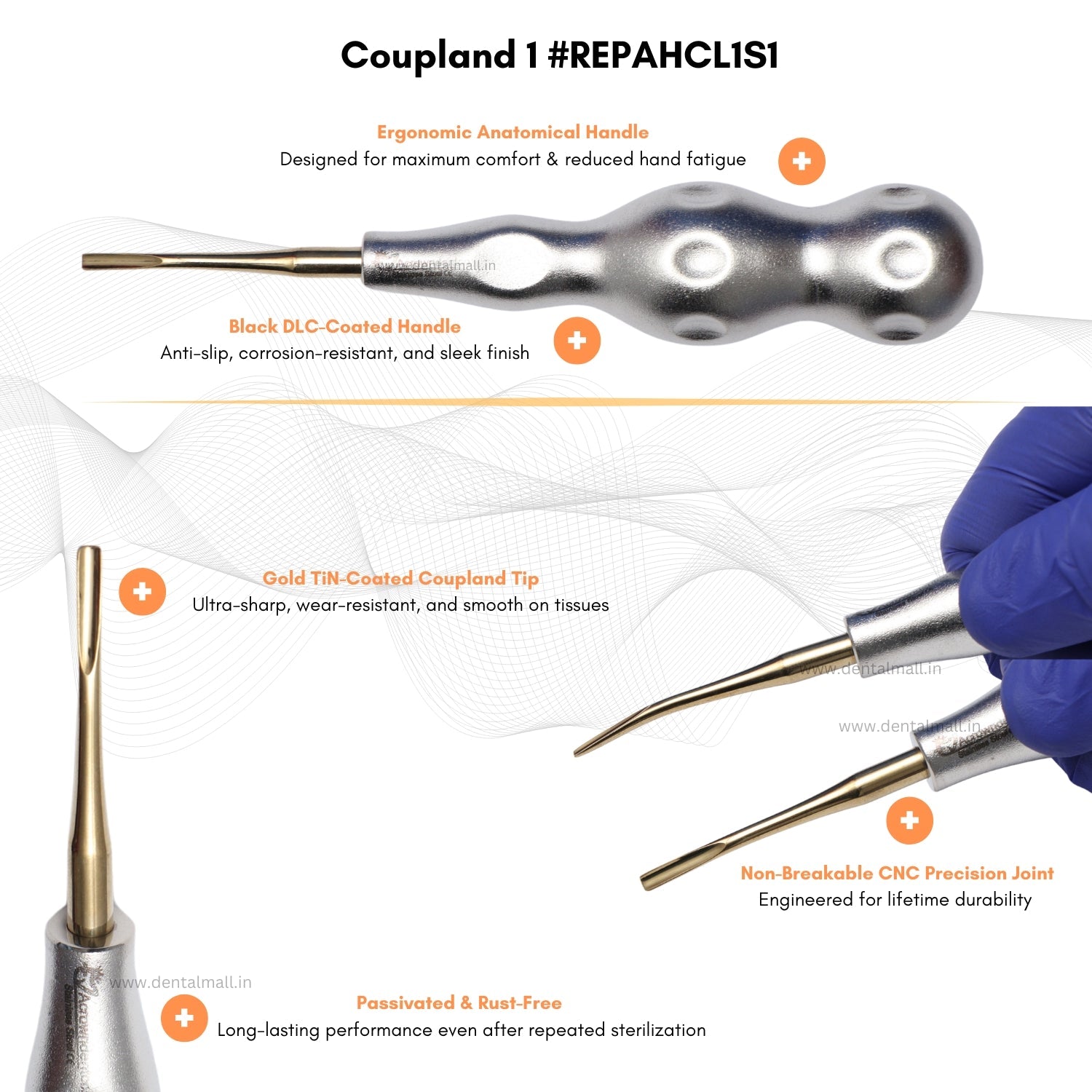 ROOT ELEVATORS PREMIUM ANATOMICAL HANDLE  SET OF 7 Pcs Anatomic SILVER DLC Handle | Gold TiN Coated Tip | CNC Non-Breakable Design Joint