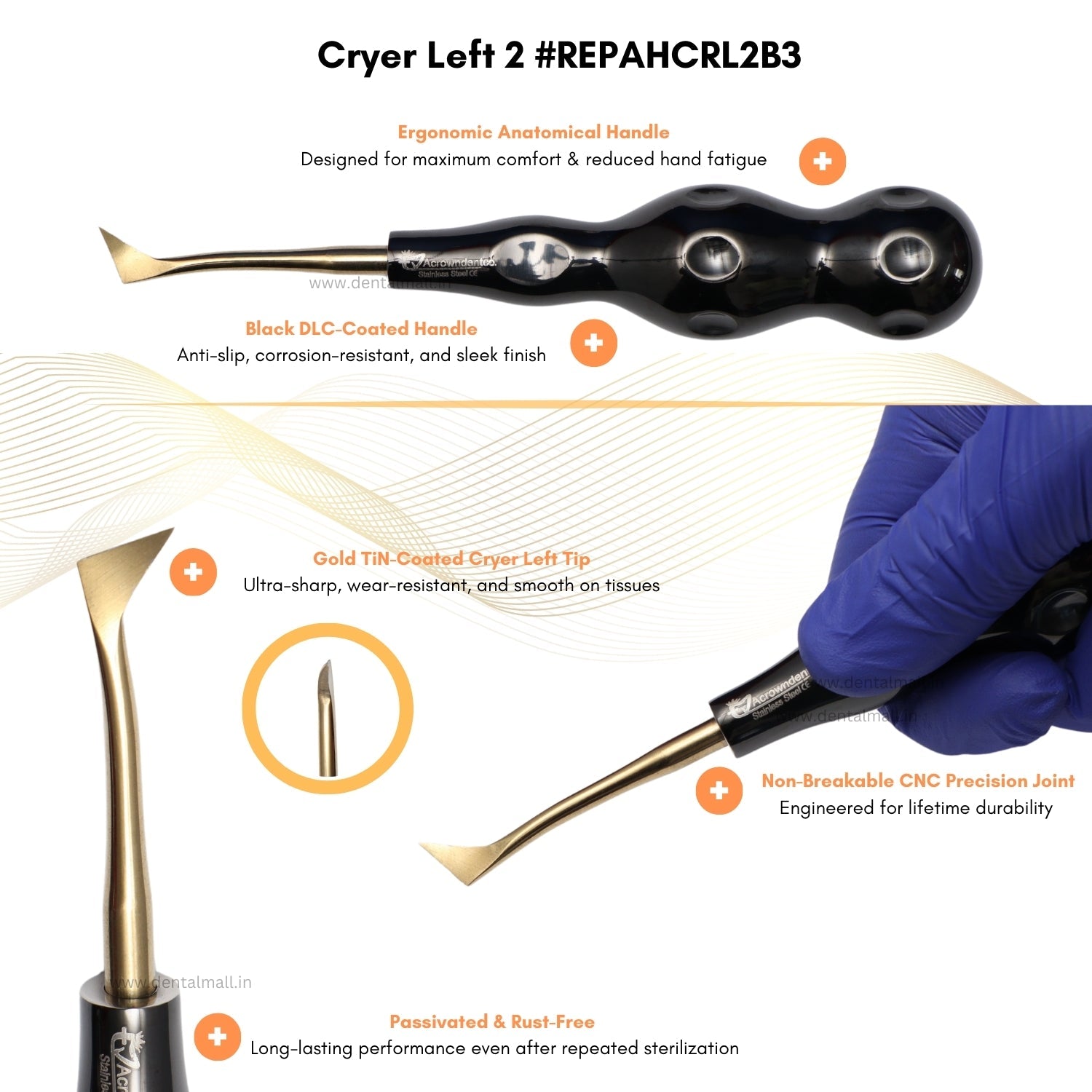 ROOT ELEVATORS PREMIUM ANATOMICAL HANDLE  SET OF 7 Pcs. #REPAHK7B3 Anatomic BLACK DLC Handle | Gold TiN Coated Tip | CNC Non-Breakable Design Joint