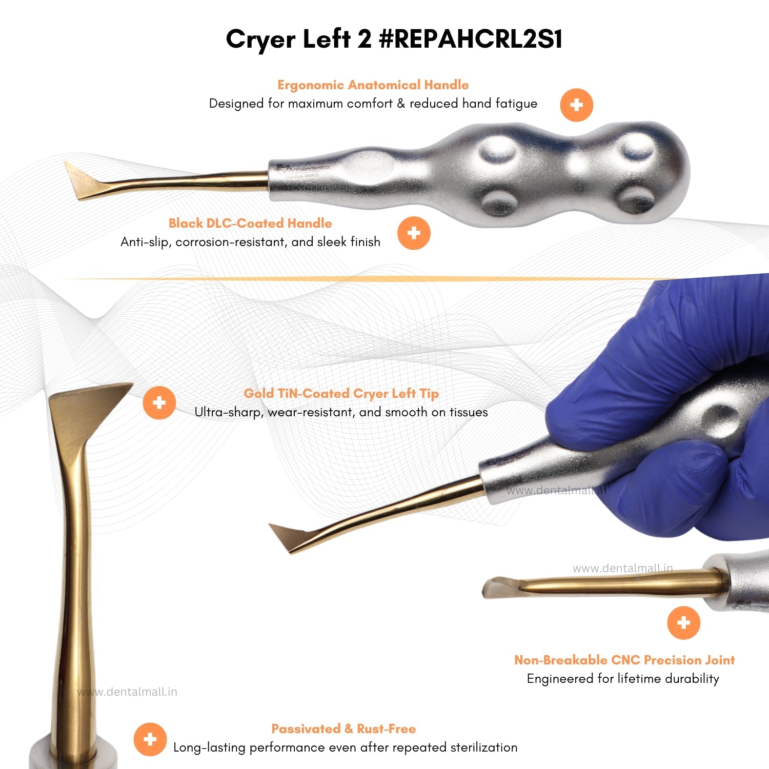 ROOT ELEVATORS PREMIUM ANATOMICAL HANDLE  SET OF 7 Pcs Anatomic SILVER DLC Handle | Gold TiN Coated Tip | CNC Non-Breakable Design Joint