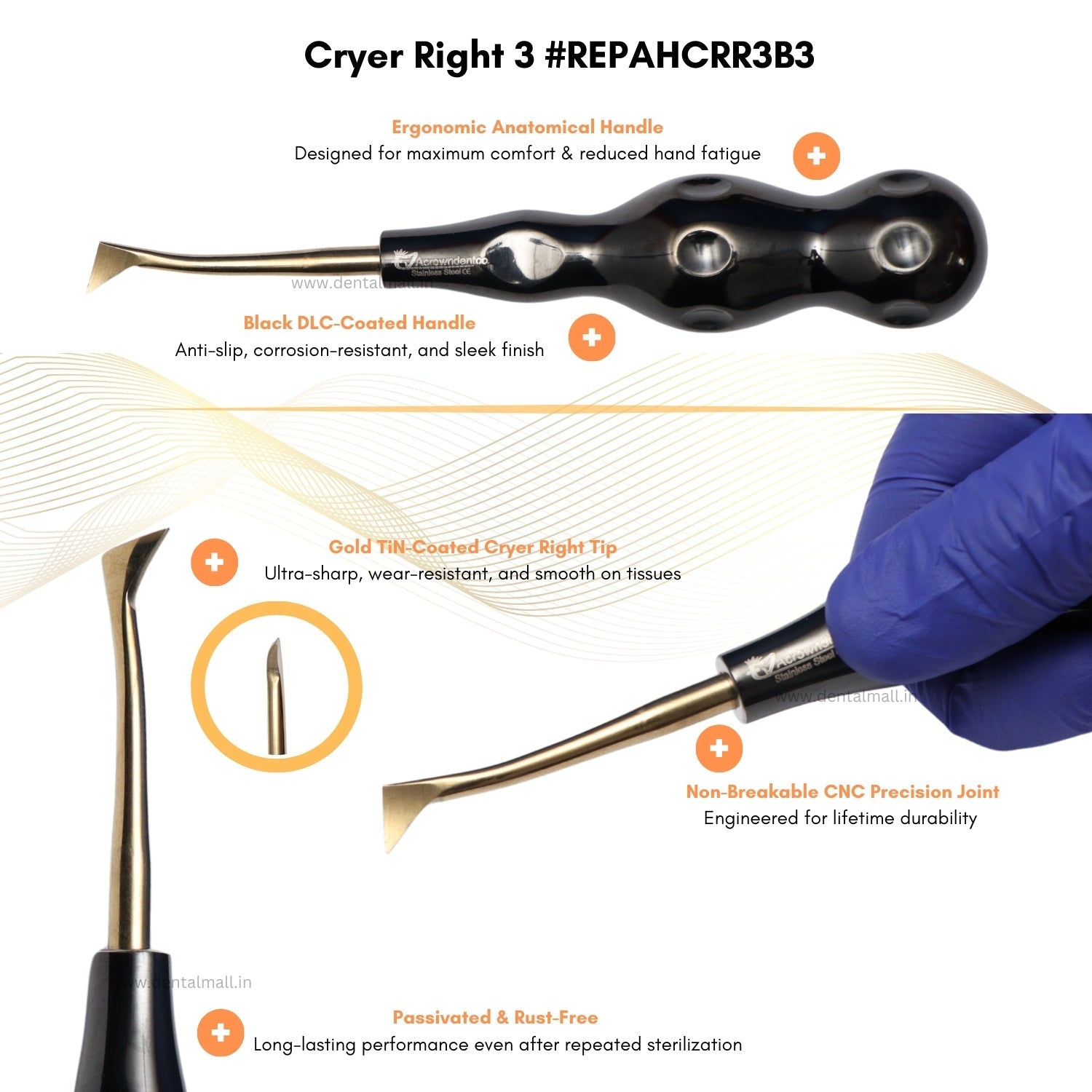 ROOT ELEVATORS PREMIUM ANATOMICAL HANDLE  SET OF 7 Pcs. #REPAHK7B3 Anatomic BLACK DLC Handle | Gold TiN Coated Tip | CNC Non-Breakable Design Joint