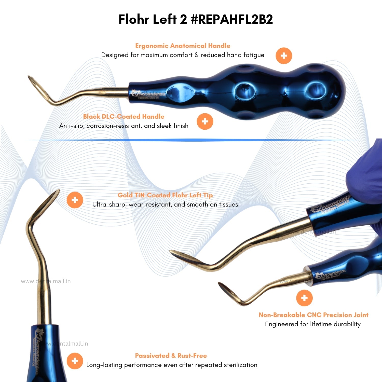 ROOT ELEVATORS PREMIUM ANATOMICAL HANDLE  SET OF 7 Pcs. #REPAHK7B2 Anatomic BLUE DLC Handle | Gold TiN Coated Tip | CNC Non-Breakable Design Joint