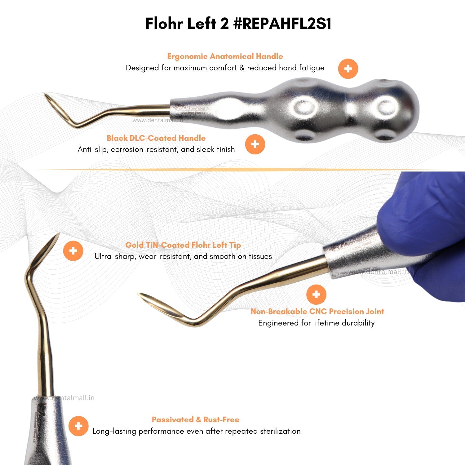 ROOT ELEVATORS PREMIUM ANATOMICAL HANDLE  SET OF 7 Pcs Anatomic SILVER DLC Handle | Gold TiN Coated Tip | CNC Non-Breakable Design Joint