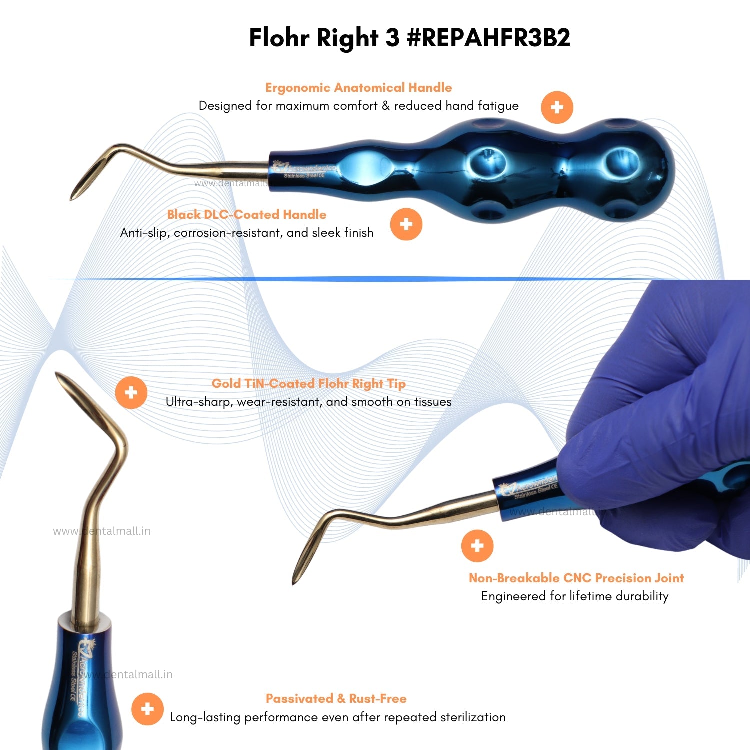 ROOT ELEVATORS PREMIUM ANATOMICAL HANDLE  SET OF 7 Pcs. #REPAHK7B2 Anatomic BLUE DLC Handle | Gold TiN Coated Tip | CNC Non-Breakable Design Joint