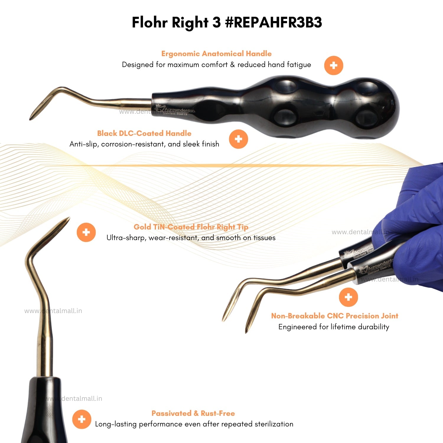 ROOT ELEVATORS PREMIUM ANATOMICAL HANDLE  SET OF 7 Pcs. #REPAHK7B3 Anatomic BLACK DLC Handle | Gold TiN Coated Tip | CNC Non-Breakable Design Joint