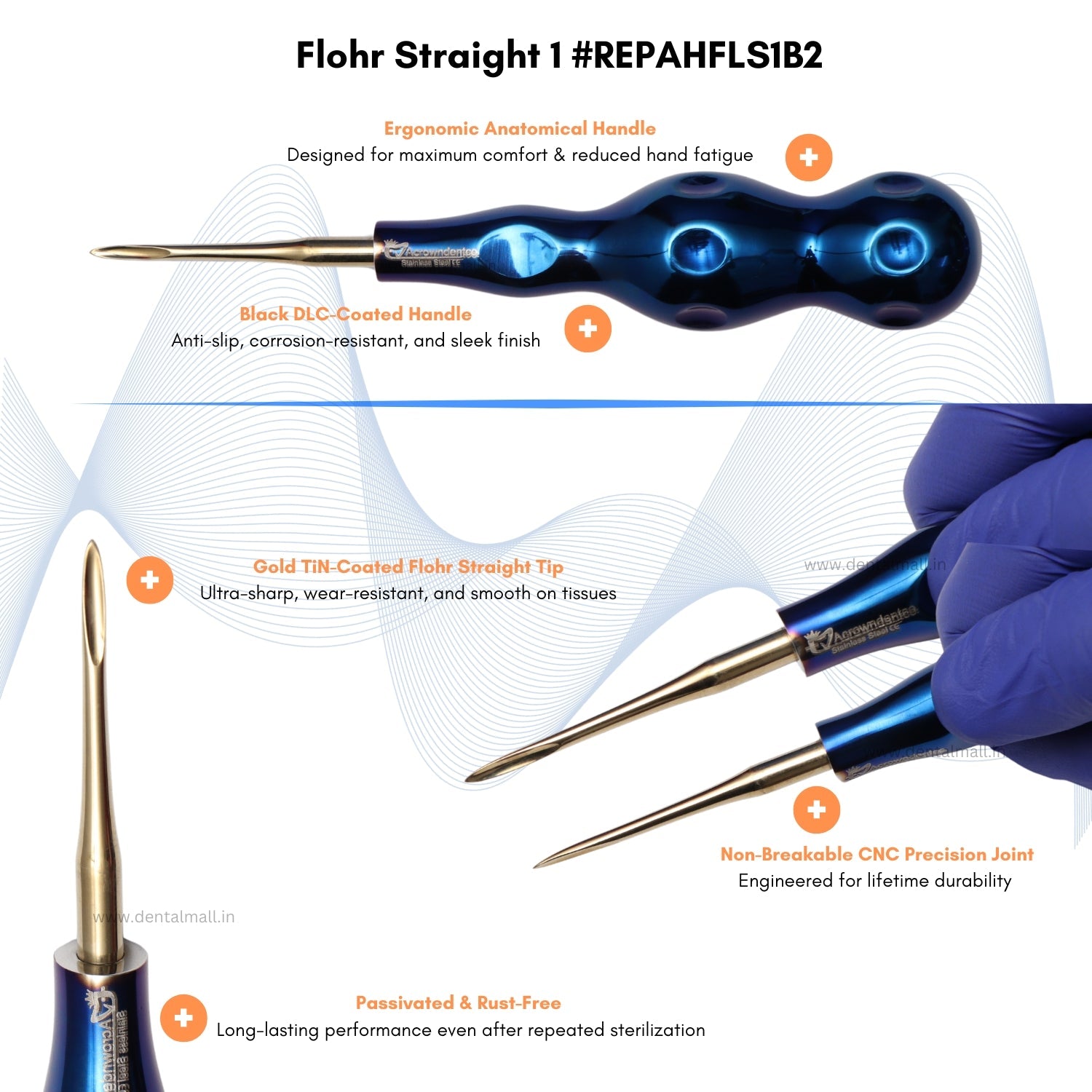 ROOT ELEVATORS PREMIUM ANATOMICAL HANDLE  SET OF 7 Pcs. #REPAHK7B2 Anatomic BLUE DLC Handle | Gold TiN Coated Tip | CNC Non-Breakable Design Joint