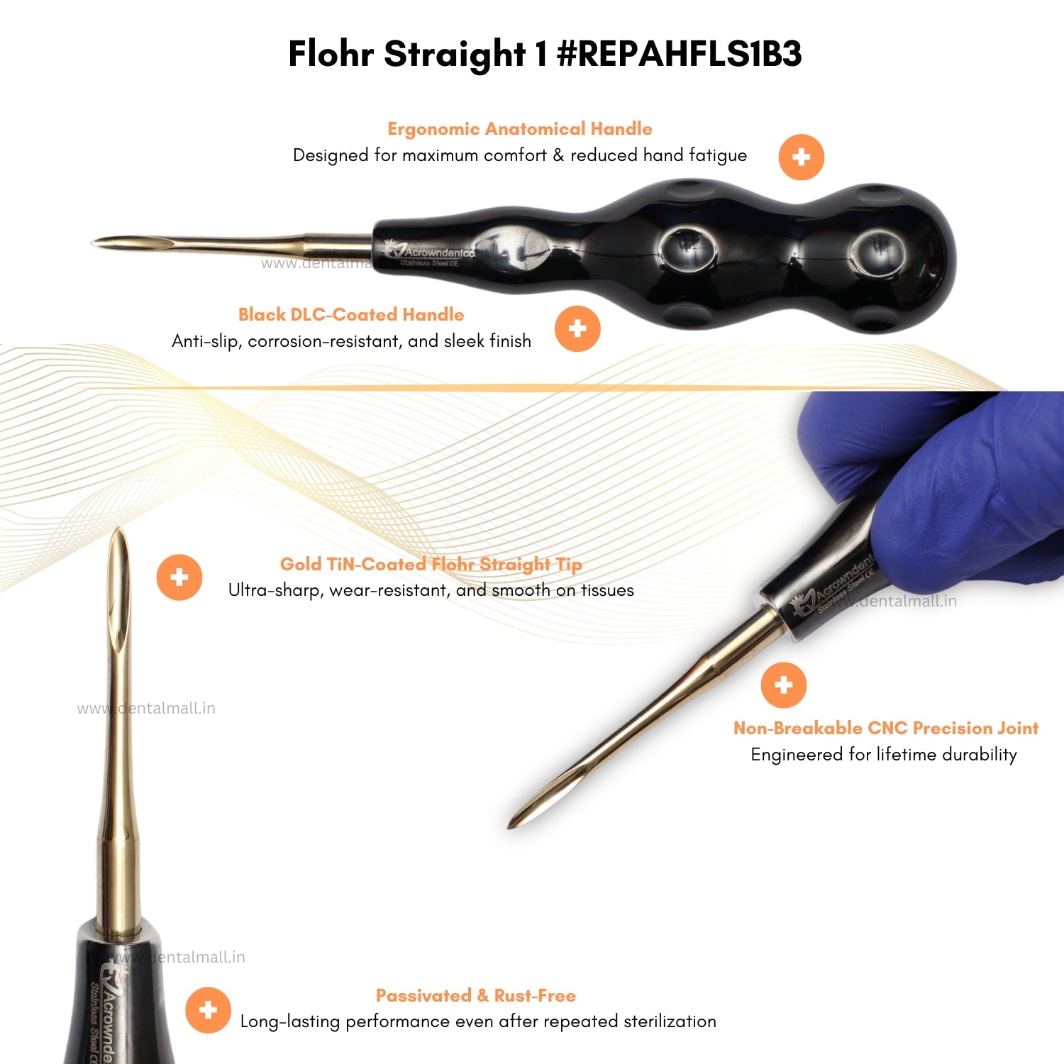 ROOT ELEVATORS PREMIUM ANATOMICAL HANDLE  SET OF 7 Pcs. #REPAHK7B3 Anatomic BLACK DLC Handle | Gold TiN Coated Tip | CNC Non-Breakable Design Joint