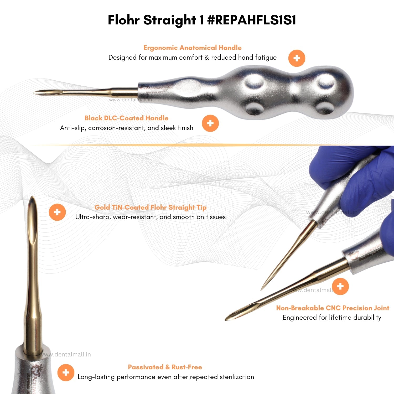 ROOT ELEVATORS PREMIUM ANATOMICAL HANDLE  SET OF 7 Pcs Anatomic SILVER DLC Handle | Gold TiN Coated Tip | CNC Non-Breakable Design Joint