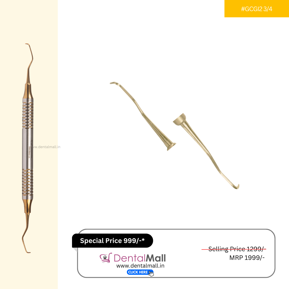 Gracey Curette Kit Set of 7 Gold TiN Coated Tips and Handle Cut Pattern #GCGK7CH