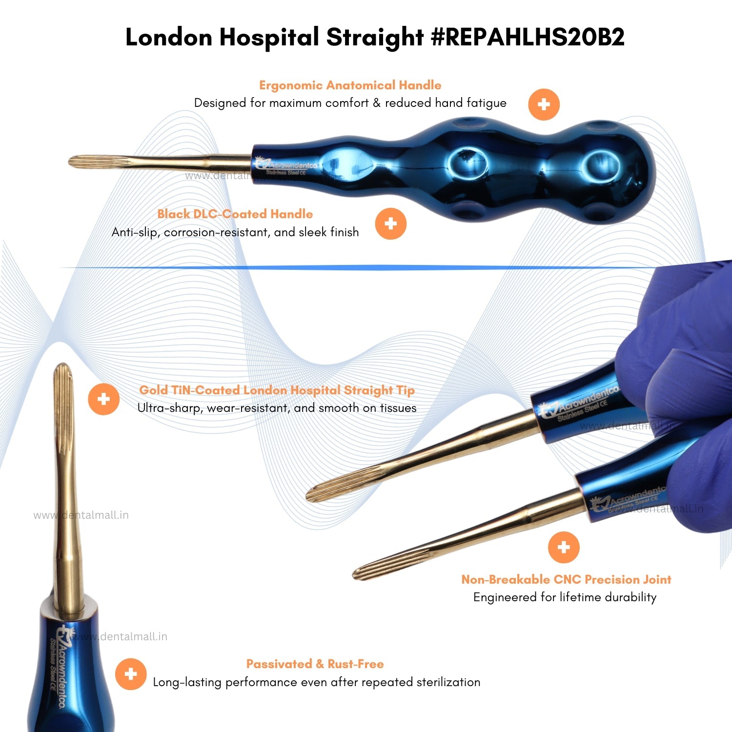 ROOT ELEVATORS PREMIUM ANATOMICAL HANDLE  SET OF 7 Pcs. #REPAHK7B2 Anatomic BLUE DLC Handle | Gold TiN Coated Tip | CNC Non-Breakable Design Joint