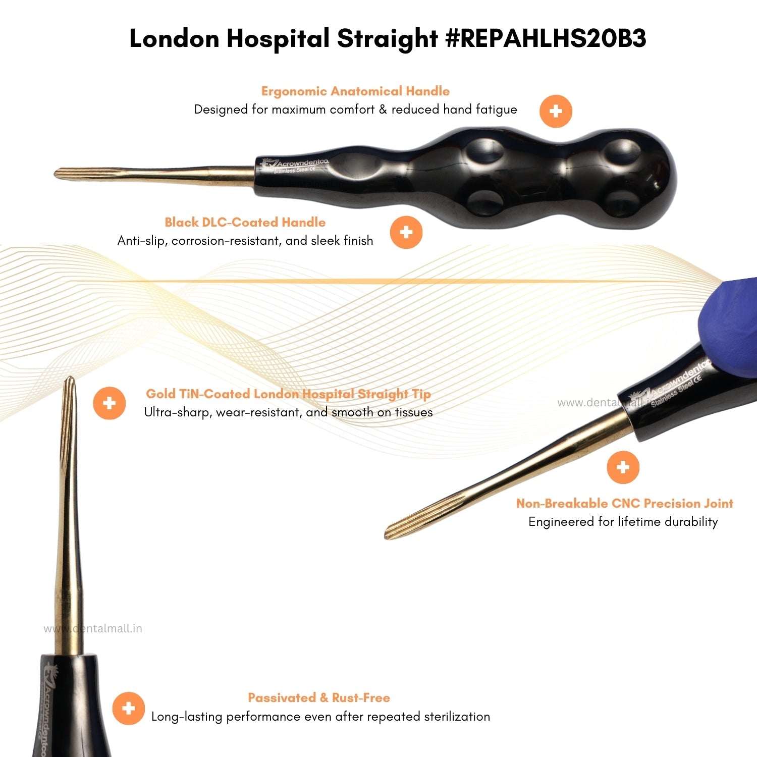 ROOT ELEVATORS PREMIUM ANATOMICAL HANDLE  SET OF 7 Pcs. #REPAHK7B3 Anatomic BLACK DLC Handle | Gold TiN Coated Tip | CNC Non-Breakable Design Joint