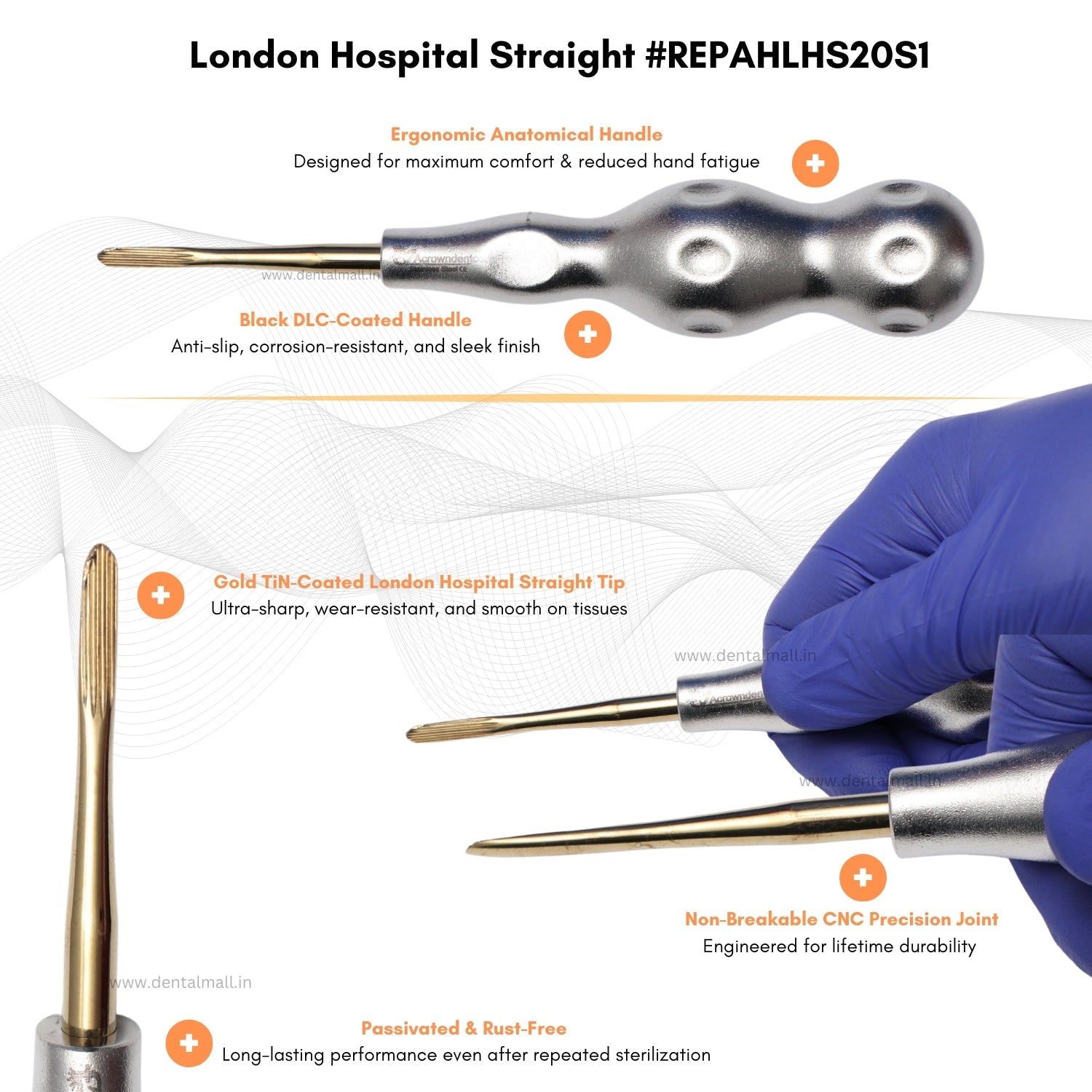 ROOT ELEVATORS PREMIUM ANATOMICAL HANDLE  SET OF 7 Pcs Anatomic SILVER DLC Handle | Gold TiN Coated Tip | CNC Non-Breakable Design Joint